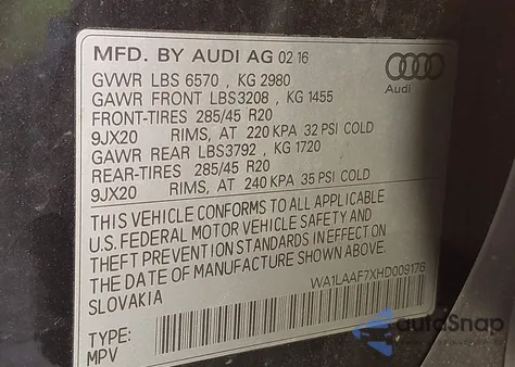 2017 Audi Q7 3.0T Premium z USA, uszkodzony, nr VIN WA1LAAF7XHD009176